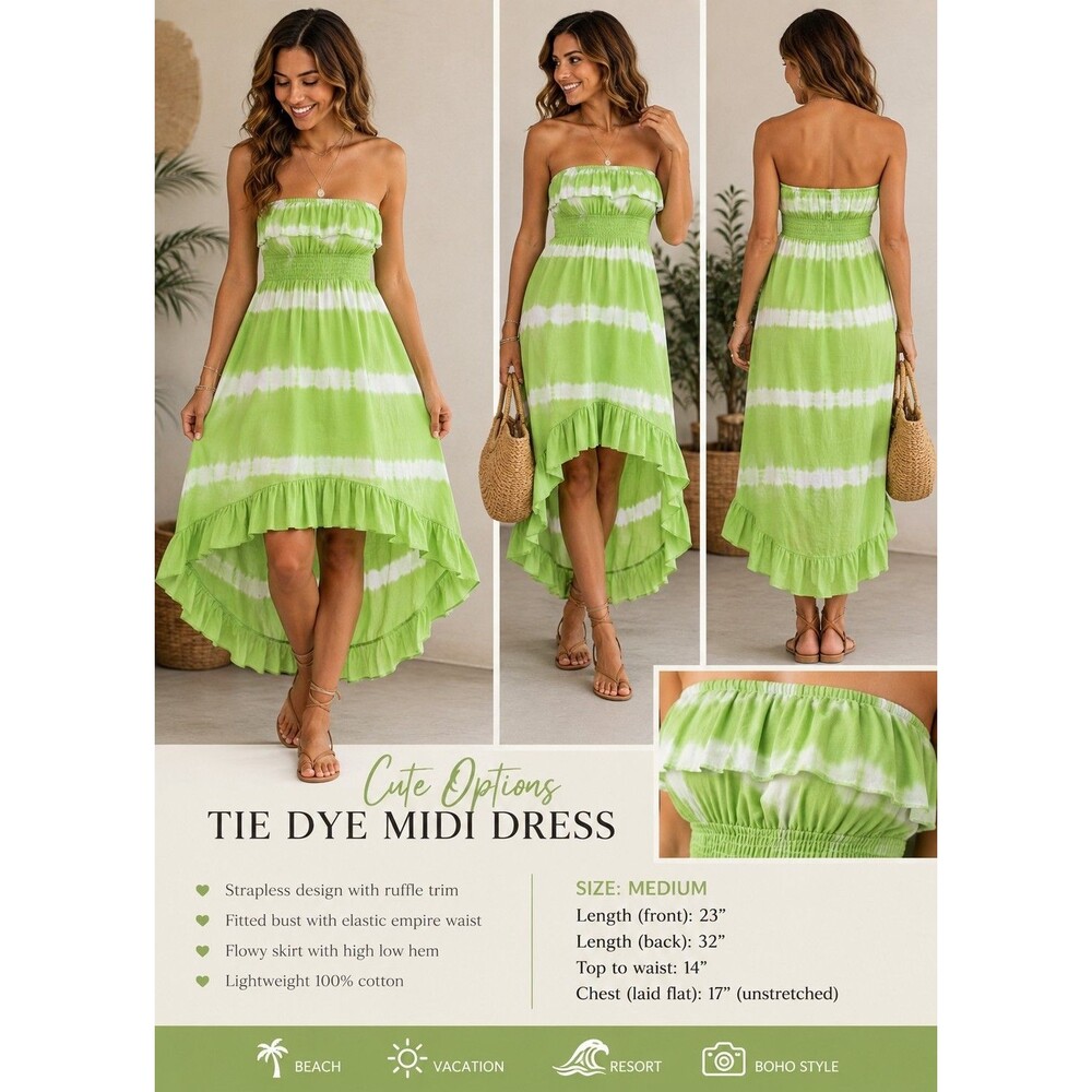 Cute Options Women’s M Green Tie Dye Off Shoulder High Low Ruffle Maxi Dress